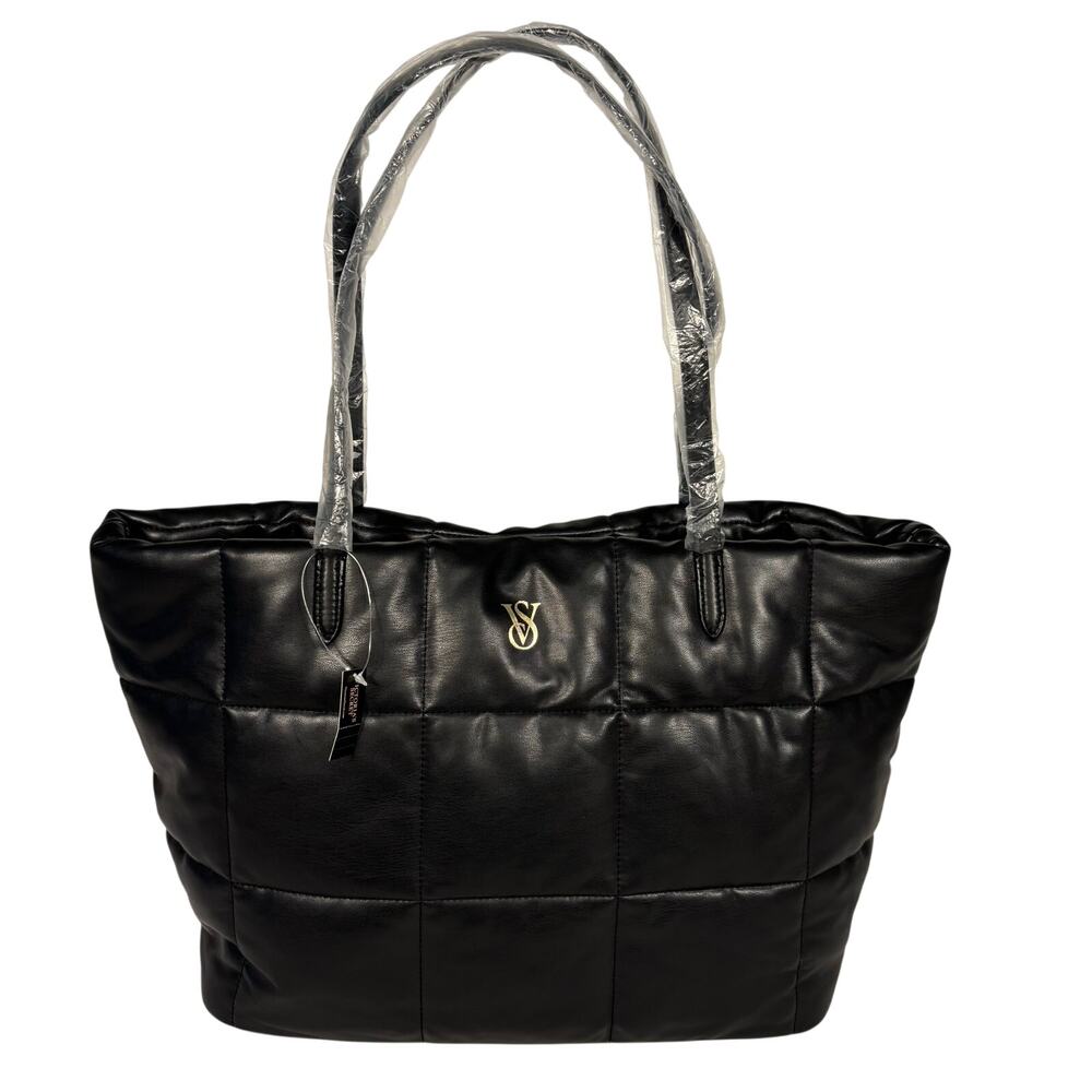 Victoria's Secret Quilted Black Puffer Tote Duffle Faux Leather Weekender NEW